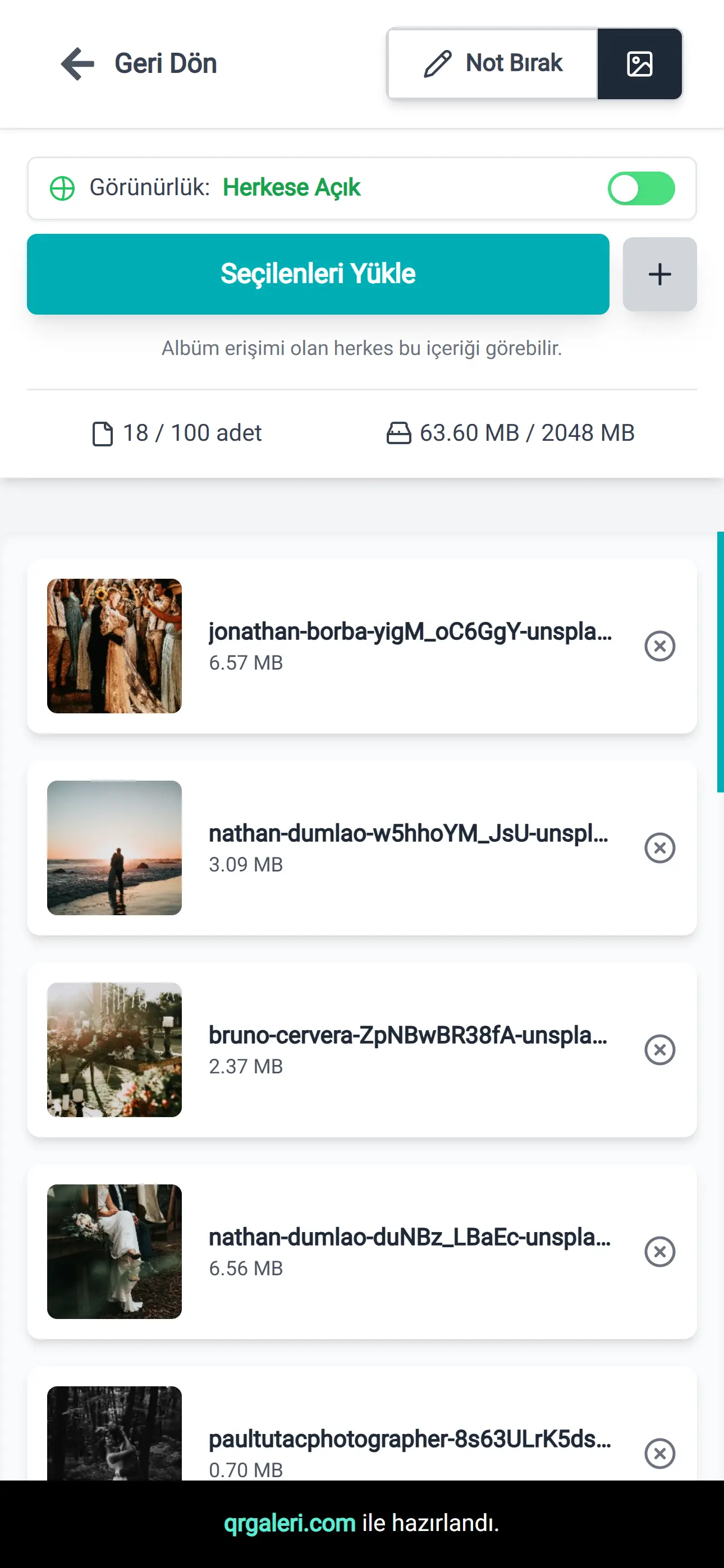QR Galeri Yükleme Ekranı